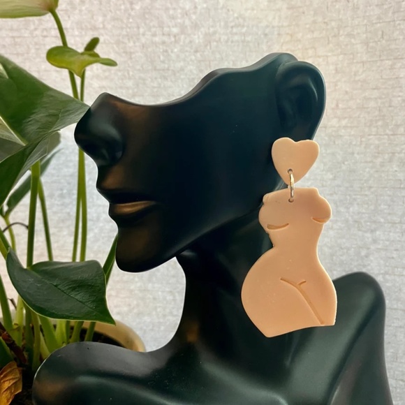 Handmade Clay Earrings | Forms of a Woman Silhouette | Light Pink w/ Heart Studs - Picture 3 of 7